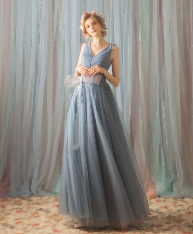 Blue V Neck Tulle Lace Long Prom Dress, Evening Dress