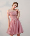 Pink Lace Tulle Short Prom Dress, Pink Evening Dresses