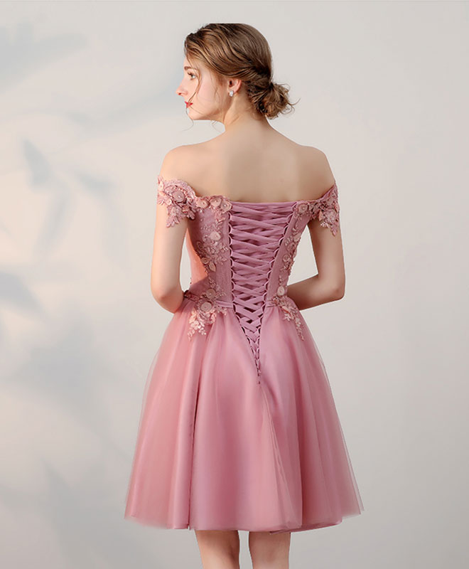 Pink Lace Tulle Short Prom Dress, Pink Evening Dresses