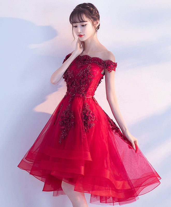 Cute Burgundy Lace Tulle Short Prom Dress, Burgundy Party Dress