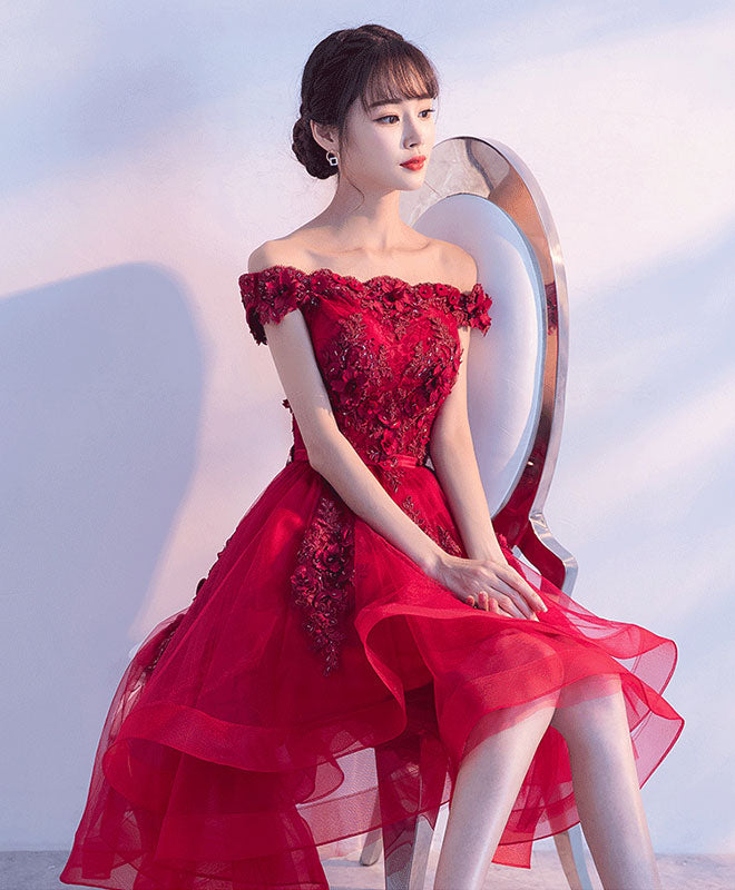 Cute Burgundy Lace Tulle Short Prom Dress, Burgundy Party Dress