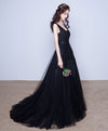Black V Neck Tulle Lace Prom Dress, Lace Evening Dress