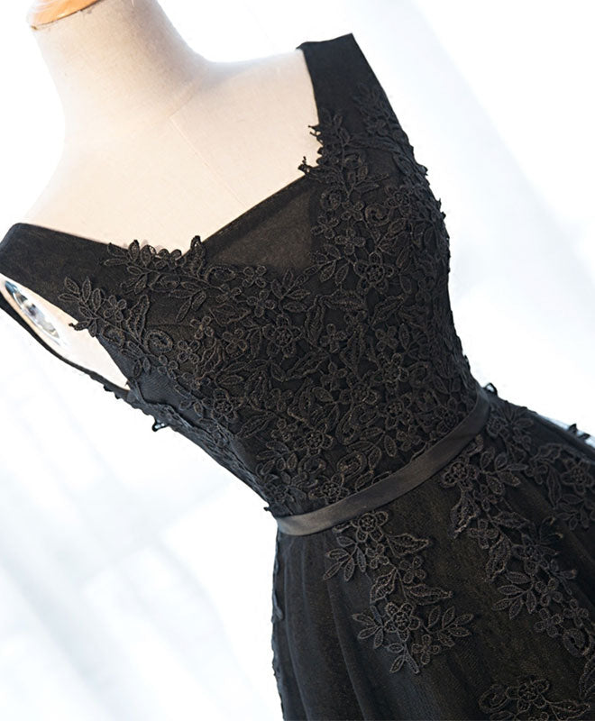 Black V Neck Tulle Lace Prom Dress, Lace Evening Dress