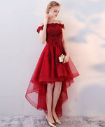 Burgundy High Low Tulle Lace Long Prom Dress, Lace Evening Dress