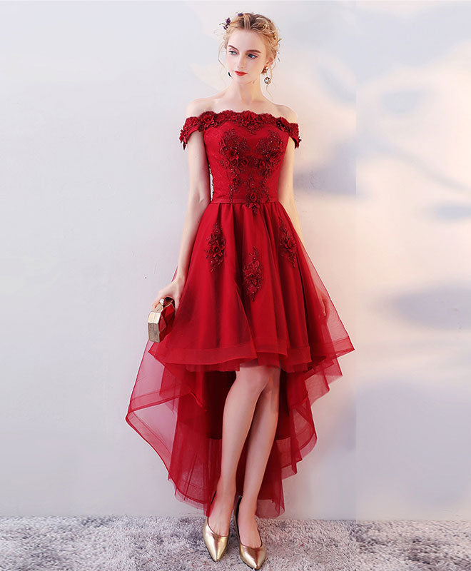 Burgundy High Low Tulle Lace Long Prom Dress, Lace Evening Dress