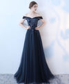 Blue Lace Tulle Long Prom Dress, Lace Evening Dress