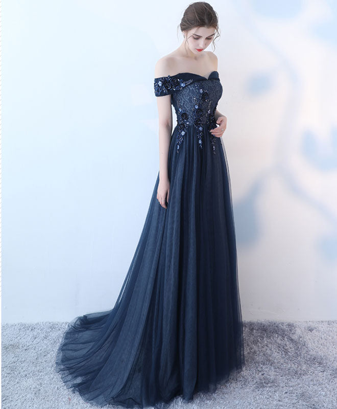 Blue Lace Tulle Long Prom Dress, Lace Evening Dress