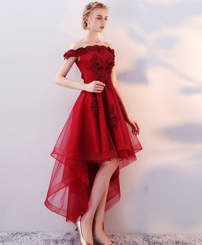 Burgundy High Low Tulle Lace Long Prom Dress, Lace Evening Dress