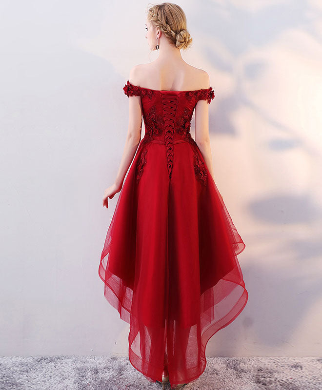 Burgundy High Low Tulle Lace Long Prom Dress, Lace Evening Dress shopluu Burgundy High Low Tulle Lace Long Prom Dress, Lace Evening Dress shopluu