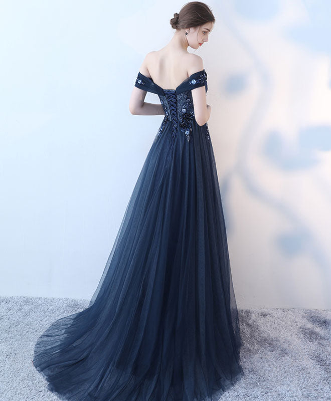 Blue Lace Tulle Long Prom Dress, Lace Evening Dress