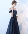 Blue Lace Tulle Long Prom Dress, Lace Evening Dress