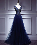 Dark Blue Lace V Neck Long Prom Dress, Lace Evening Dress