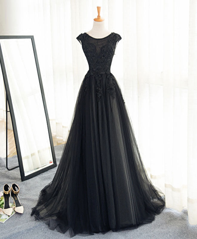 Black A Line Tulle Lace Long Prom Dress, Evening Dress – shopluu