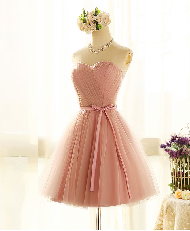 Cute Sweetheart Neck Tulle Short Prom Dress, Pink Bridesmaid Dress