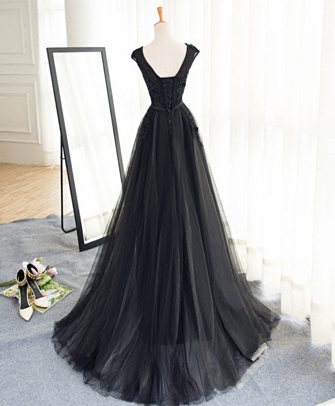 Black A Line Tulle Lace Long Prom Dress, Evening Dress – shopluu