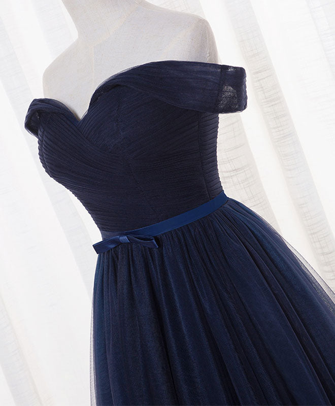 Dark Blue A Line Tulle Long Prom Dress, Evening Dress