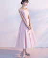 Pink Satin Lace Tea Length Prom Dress, Pink Evening Dress