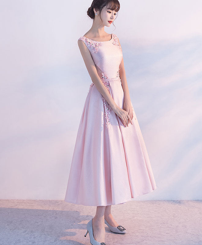 Pink Satin Lace Tea Length Prom Dress, Pink Evening Dress US 16 / Pink Pink Satin Lace Tea Length Prom Dress, Pink Evening Dress US 16 / Pink