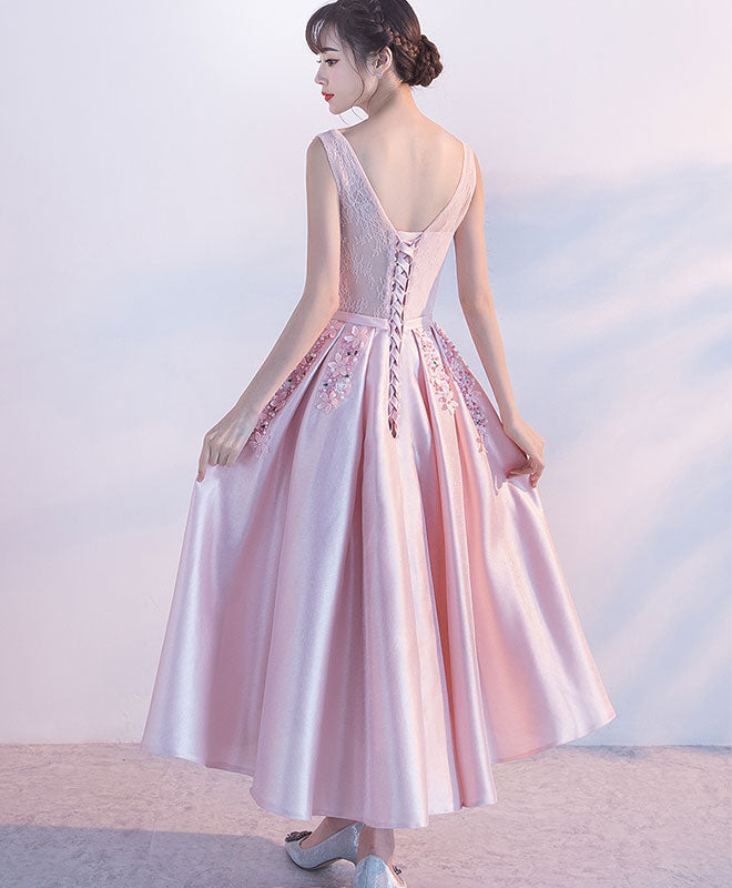 pink tea party dress A-Line Tulle Lace Length Prom Dress, Pink Tulle Formal Dresses US 4 / Pink or no bra Tea-Length Strapless A-Line Semi-Formal Dress