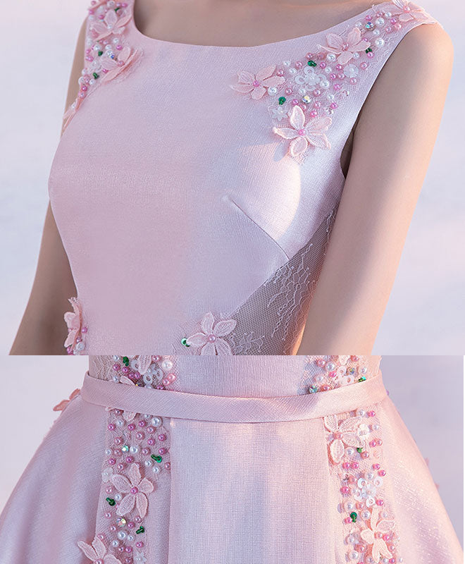 Pink Satin Lace Tea Length Prom Dress, Pink Evening Dress