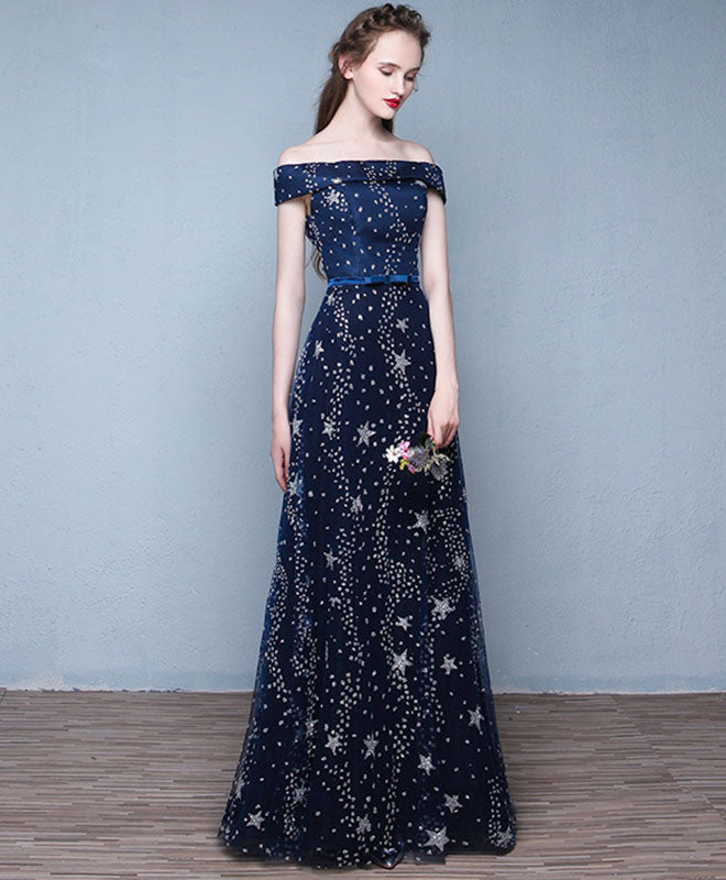 Blue Long Prom Dress, Off Shoulder Evening Dress