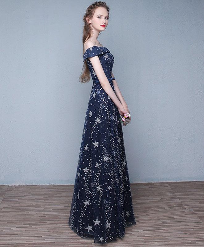 Blue Long Prom Dress, Off Shoulder Evening Dress