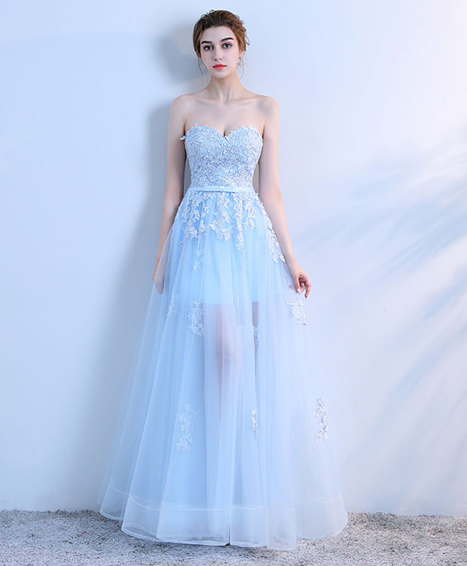 Sky Blue Lace Long Prom Dress, Lace Evening Dress