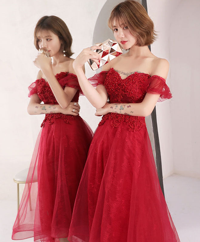 Burgundy Lace Short Prom Dress, Burgundy Evening Dress