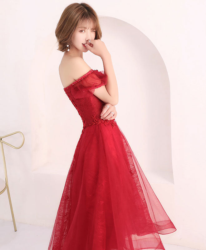 Burgundy Lace Short Prom Dress, Burgundy Evening Dress