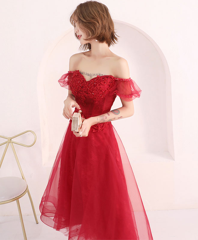 Burgundy Lace Short Prom Dress, Burgundy Evening Dress
