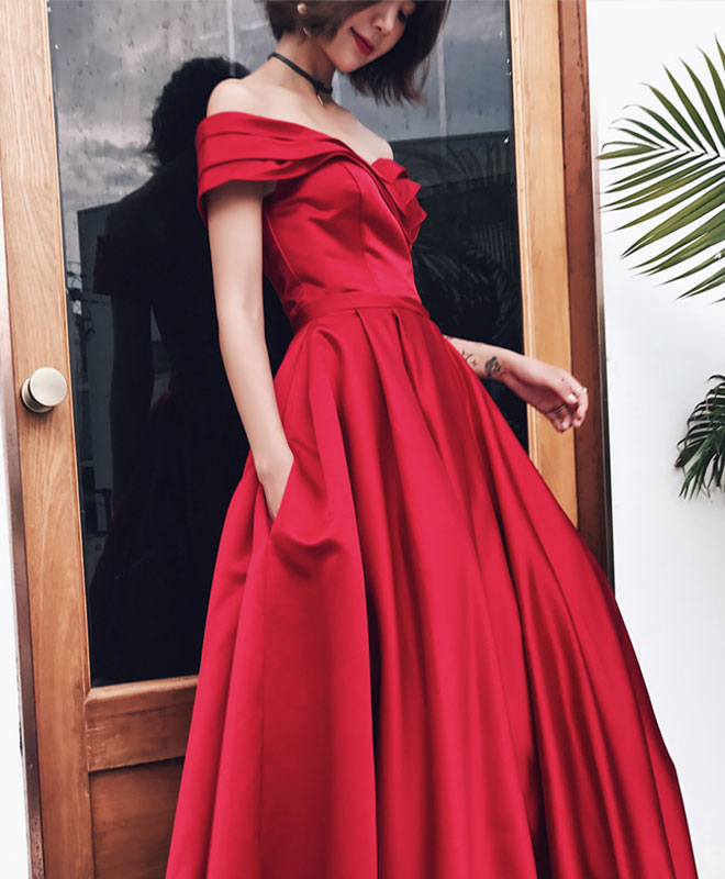 Burgundy V Neck Off Shoulder Long Prom Dress, Evening Dress