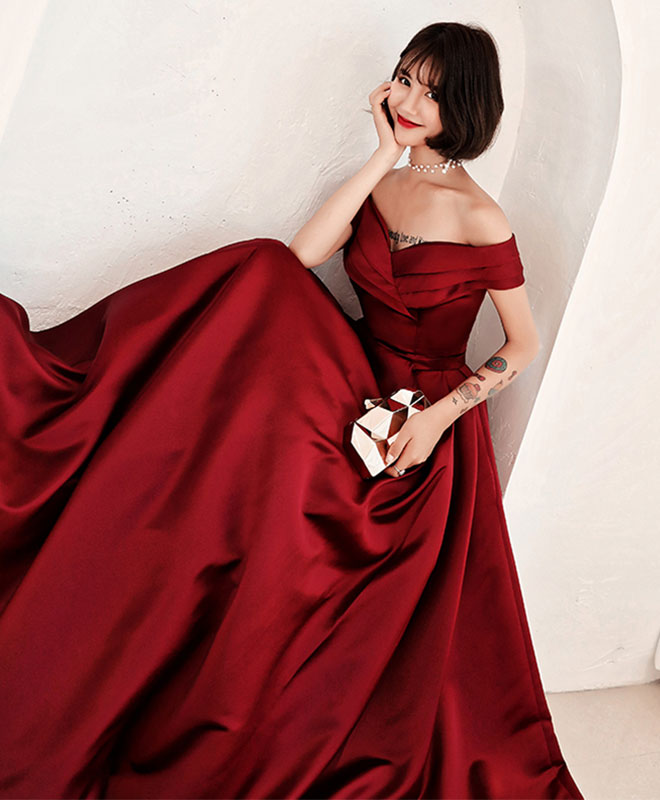 Burgundy V Neck Off Shoulder Long Prom Dress, Evening Dress