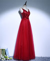 Burgundy V Neck Tulle Long Prom Dress, Evening Dress