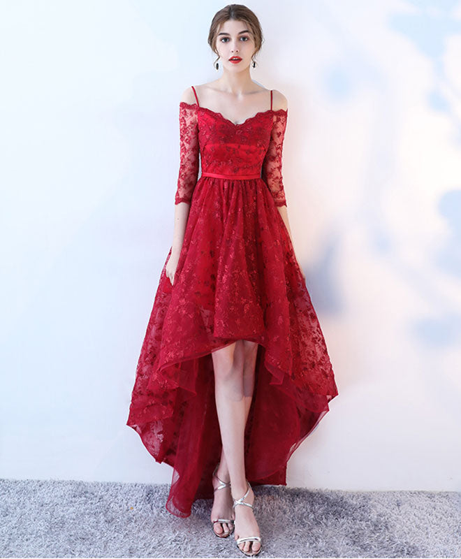Stylish High Low Lace Prom Dress, Lace Evening Dress