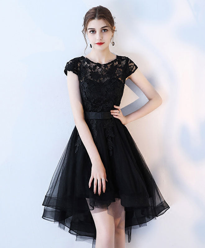 Black Lace Short Prom Dress, Hight Low Evening Dress