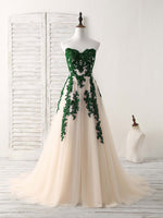 A-Line Sweetheart Tulle Lace Applique Green Long Prom Dress, Bridesmaid Dress