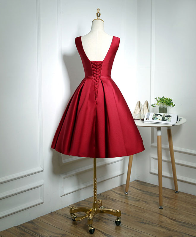 wine red dress short Simple Burgundy Satin V Neck Short Prom Dress, Evening Dress Custom Size / Burgundy