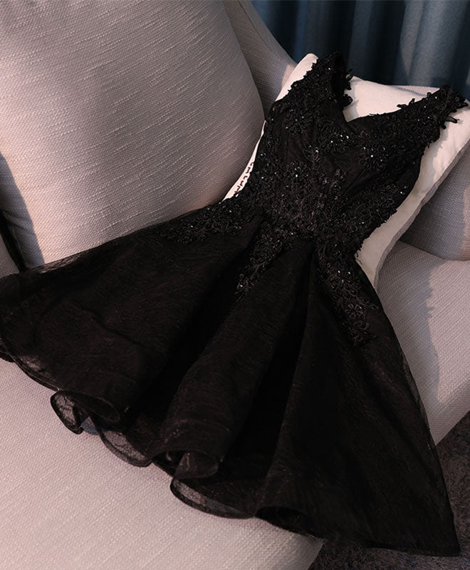 Black V Neck Lace Short Prom Dress, Black Cute Homecoming Dresses