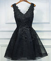 Black V Neck Lace Short Prom Dress, Black Cute Homecoming Dresses