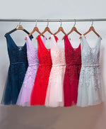 Pink V Neck Tulle Lace Short Prom Dress, Homecoming Dresses