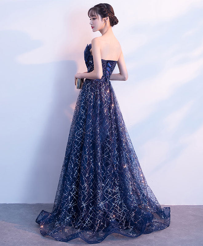 Blue Tulle Sequins Long Prom Dresses, A-Line Strapless Evening Dresses US 4 / Blue Blue Tulle Sequins Long Prom Dresses, A-Line Strapless Evening Dresses US 4 / Blue