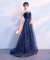 Elegant Blue Lace Tulle Long Prom Dress, Blue Evening Dress
