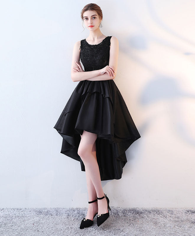 Cute Black Lace High Low Prom Dress, Lace Evening Dress
