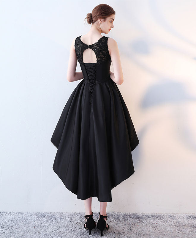 Cute Black Lace High Low Prom Dress, Lace Evening Dress