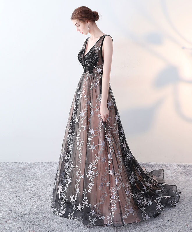 Cute Black V Neck Long Prom Dress, Black Long Evening Dress