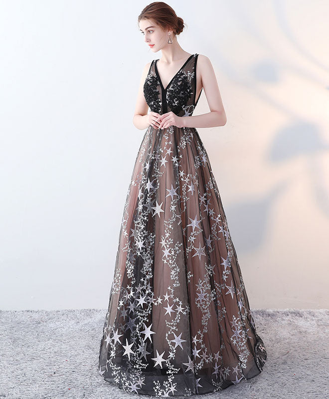 Cute Black V Neck Long Prom Dress, Black Long Evening Dress