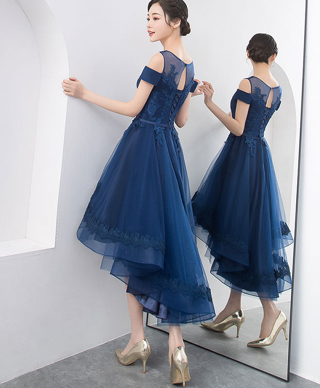 homecoming dresses navy blue Blue Tulle Lace Short Prom Dress, High Low Evening Party Dress US 12 / Dark Blue