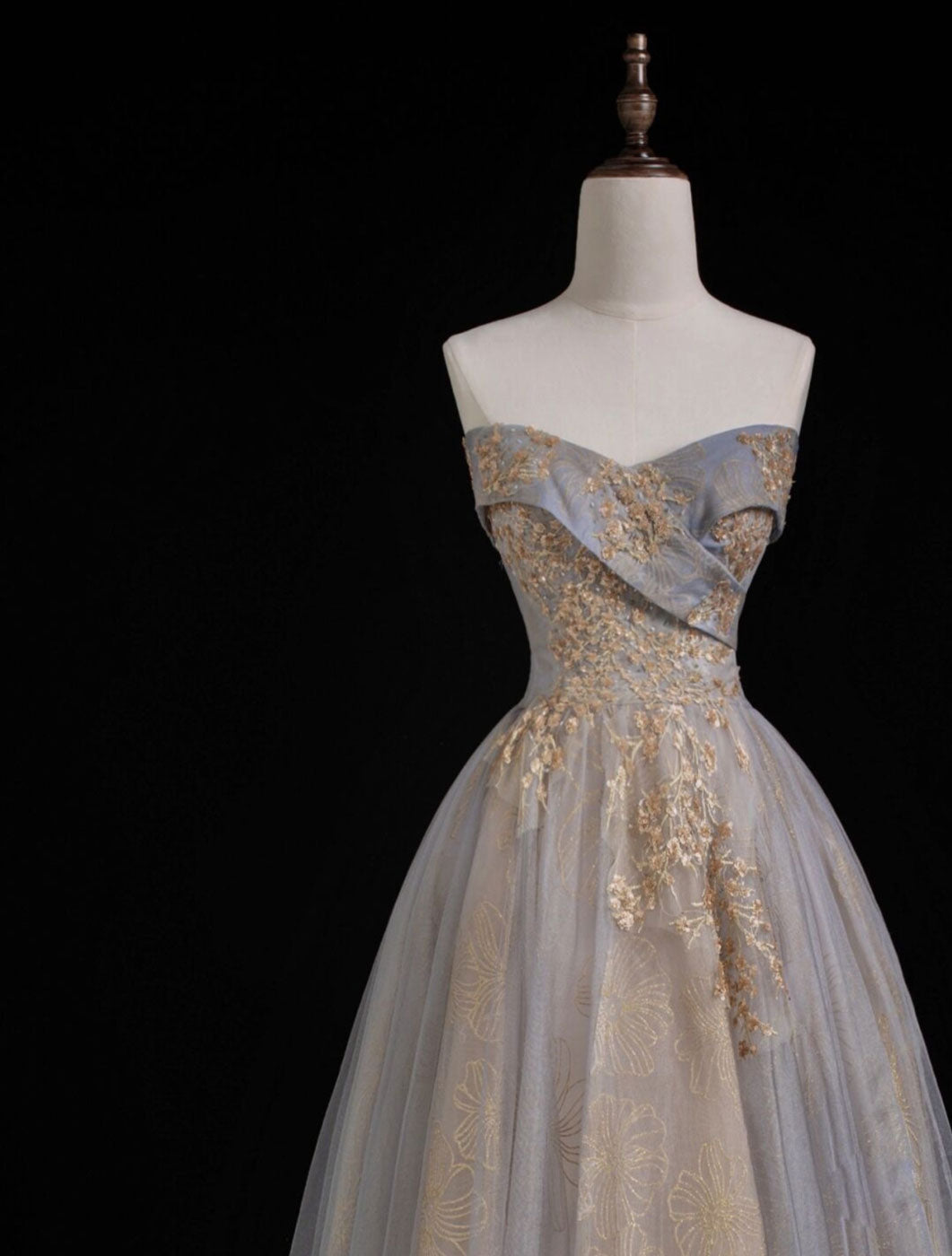 A Line Sweetheart Neck Gray Blue Long Prom Dress, Gray Court Train Blu