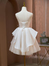 A Line V Neck Champagne Short Prom Dresses, Formal Mini Gown Cute Puffy Homecoming Dresses