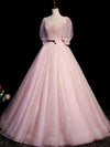 Pink A Line Puffy Sleeves Tulle Long Prom Dress, Pink Sweet 16 Dress
